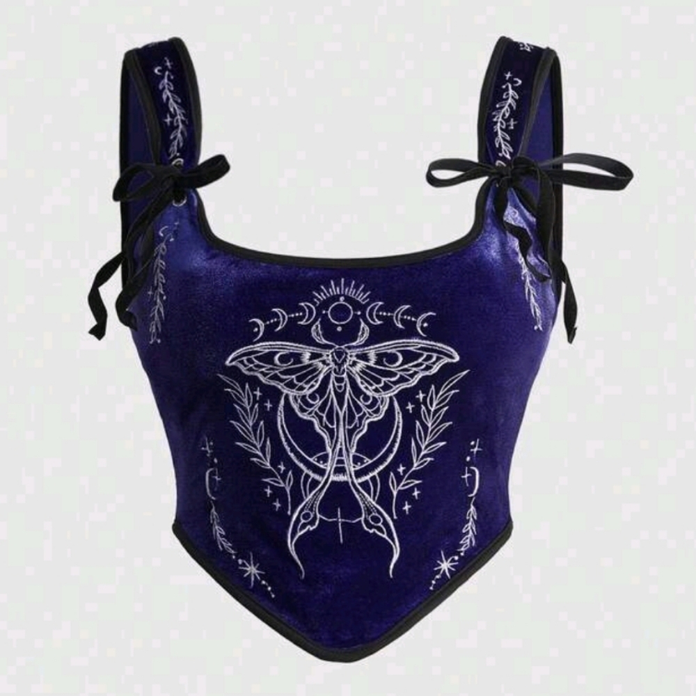 NEW Dark Purple Velvet Top with Goth Celestial Embroidery